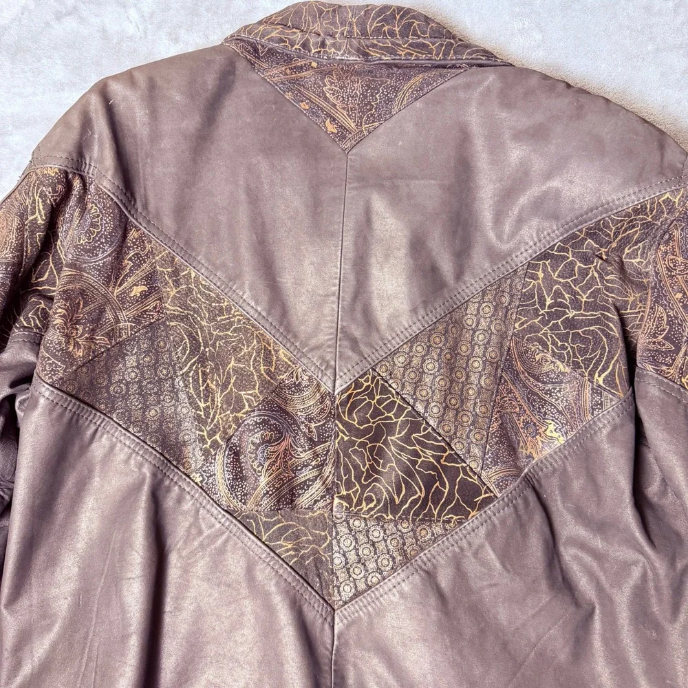Vintage Winlit S Leather Black Bomber Jacket Gold Paisley Metallic Boho 80s 90s